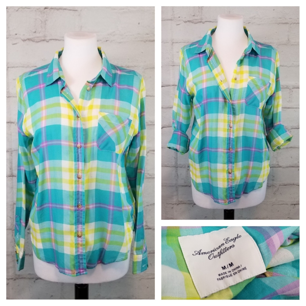 American Eagle Outfitters Teal Yellow Plaid Button-Down Shirt